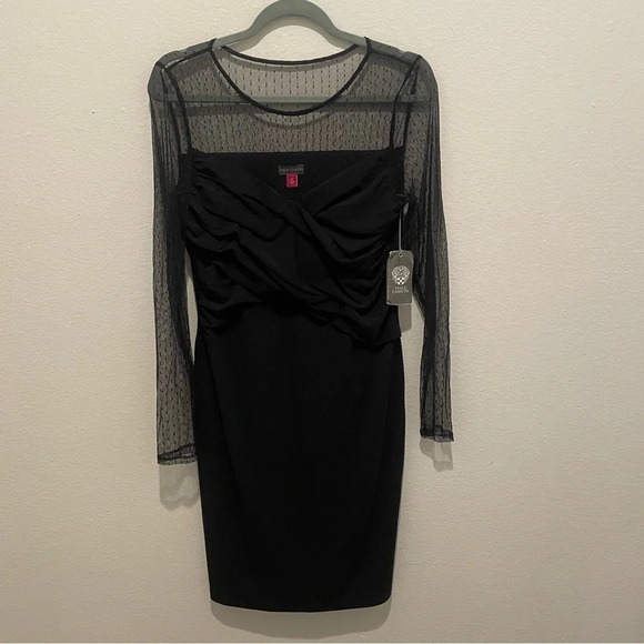 NWT Vince Camuto black dot mesh long sleeve mini dress with ruching medium - Picture 4 of 14